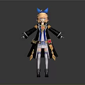 3D Anime Character Model With Blonde Hair Blue Bow Black Long Coat And Boots