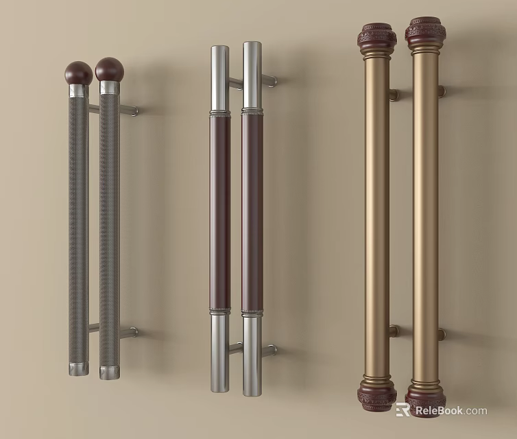 Stylish Door Handles with Various Metal Finishes and Decorative Designs Mounted on Beige Wall 3d model 