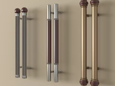Stylish Door Handles with Various Metal Finishes and Decorative Designs Mounted on Beige Wall 3d model