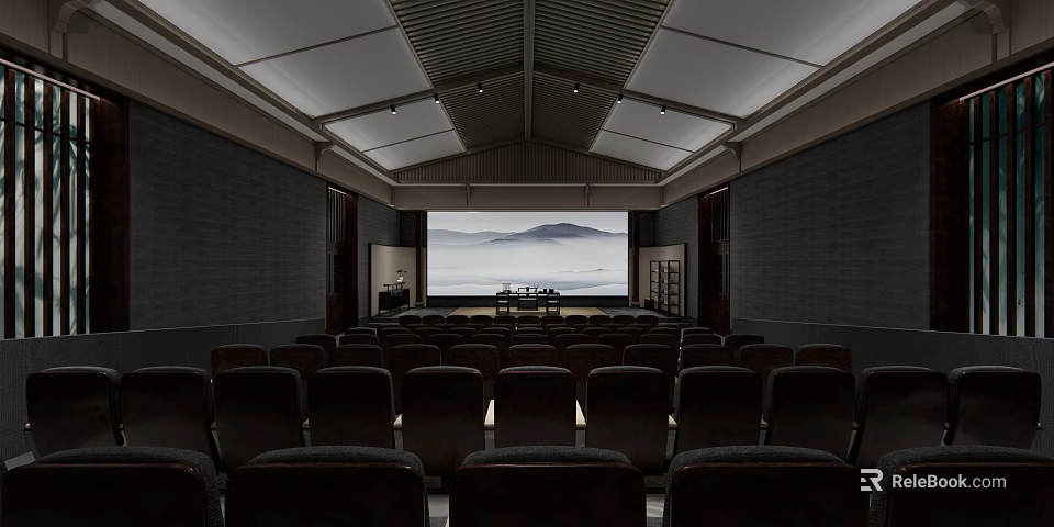 Modern Meeting Room With Rows Of Seats Large Projection Screen And Natural Landscape 3d model 