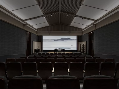 Modern Meeting Room With Rows Of Seats Large Projection Screen And Natural Landscape 3d model