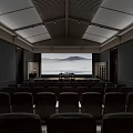 Modern Meeting Room With Rows Of Seats Large Projection Screen And Natural Landscape