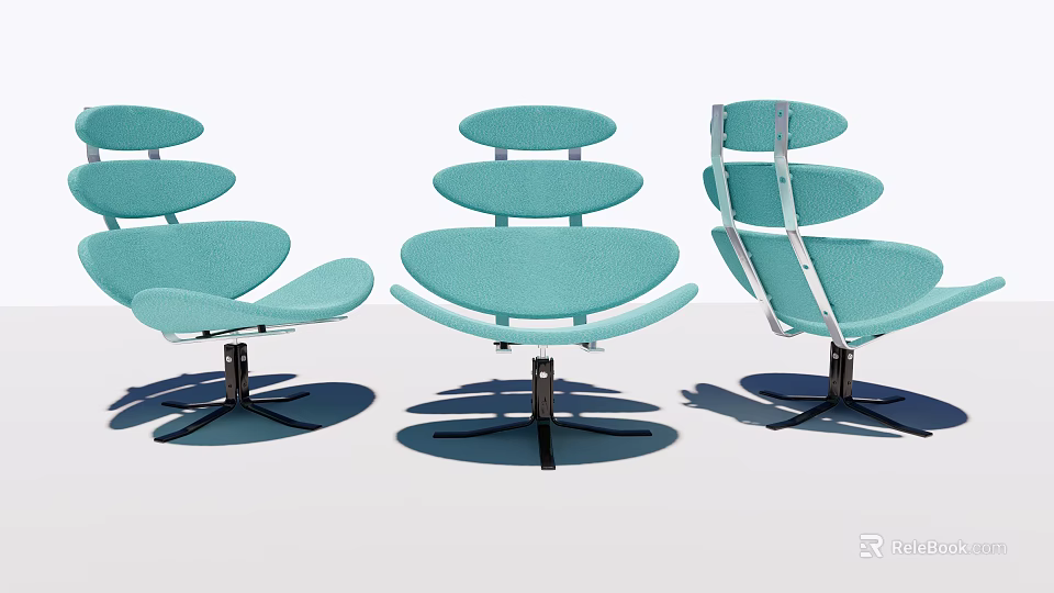 Modern Leisure Chair With Layered Backrest Turquoise Fabric And Metal Base Design 3d model 