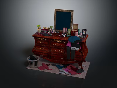 Vintage Red Dresser With Framed Mirror Cosmetics Drawers And Scattered Clothes 3d model