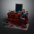 Vintage Red Dresser With Framed Mirror Cosmetics Drawers And Scattered Clothes