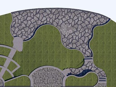 Landscape Design Featuring Curved Stone Path Green Lawn And Paved Areas 3d model