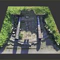 Two Ancient Cannons On Square Base Surrounded By Green Grass And Stone Walls 3d model