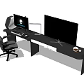 Modern Functional Desk With Dual Monitors Keyboard Mouse Desk Lamp Office Chair And Coffee Cup