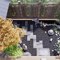 Japanese Courtyard Garden With Wooden Gate Stone Lanterns Orange Tree Stone Path And Gravel