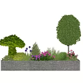 Decorative Stone Flower Bed with Green Plants Purple Pink Flowers and Mushroom Shaped Shrub