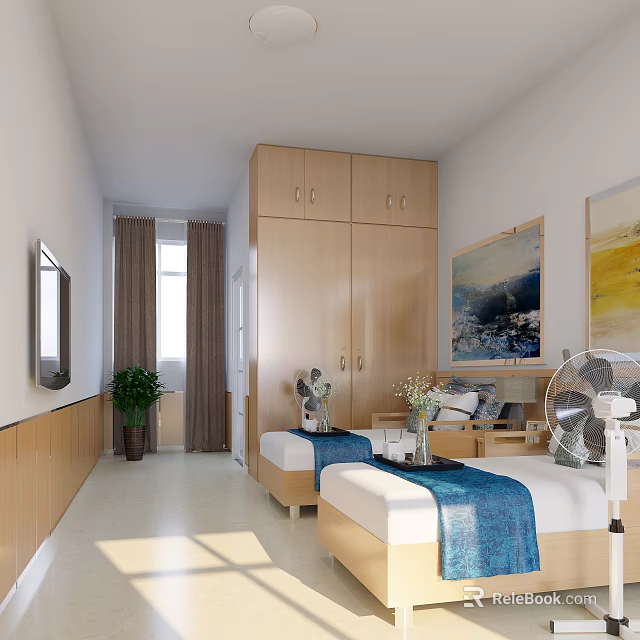 Cozy Twin Bed Medical Ward Room With Blue Linens Wooden Wardrobes TV Paintings And Fan 3d model 