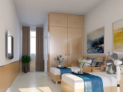 Cozy Twin Bed Medical Ward Room With Blue Linens Wooden Wardrobes TV Paintings And Fan 3d model