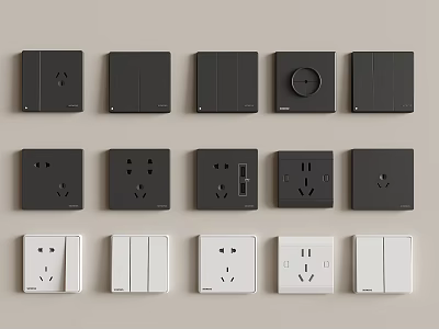 Black and White Modern Switch Panels with Various Sockets and Design Styles 3d model