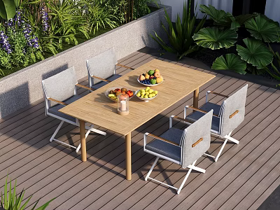 Outdoor Wooden Dining Table With Four Gray Chairs And Fruit Bowls Near Green Plants 3d model