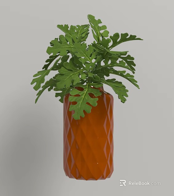 Orange Diamond Pattern Vase With Green Leafy Plant For Home Decoration 3d model 