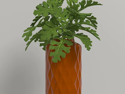 Orange Diamond Pattern Vase With Green Leafy Plant For Home Decoration 3d model