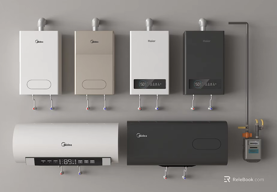 Various Water Heater Models Including Midea Wall Mounted And Storage Types With Temperature 3d model 