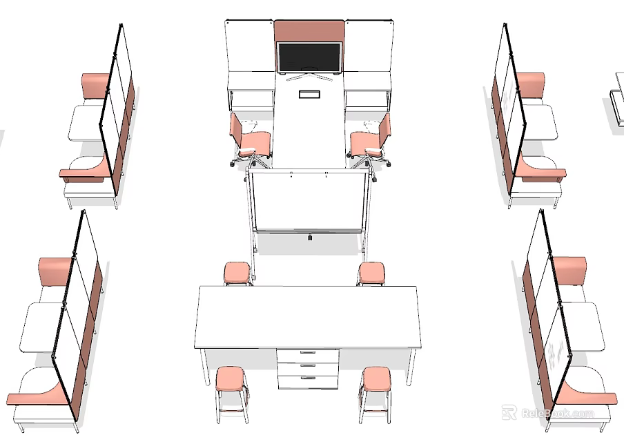 Modern Office Desk Layout with Partitions and Chairs in Workspace Arrangement 3d model 
