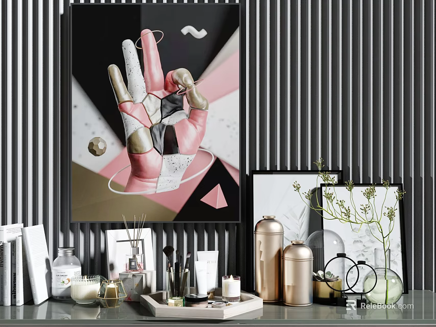 Modern Tabletop Decorative Ornament Set With Abstract Wall Art Metal Vases And Frames 3d model 