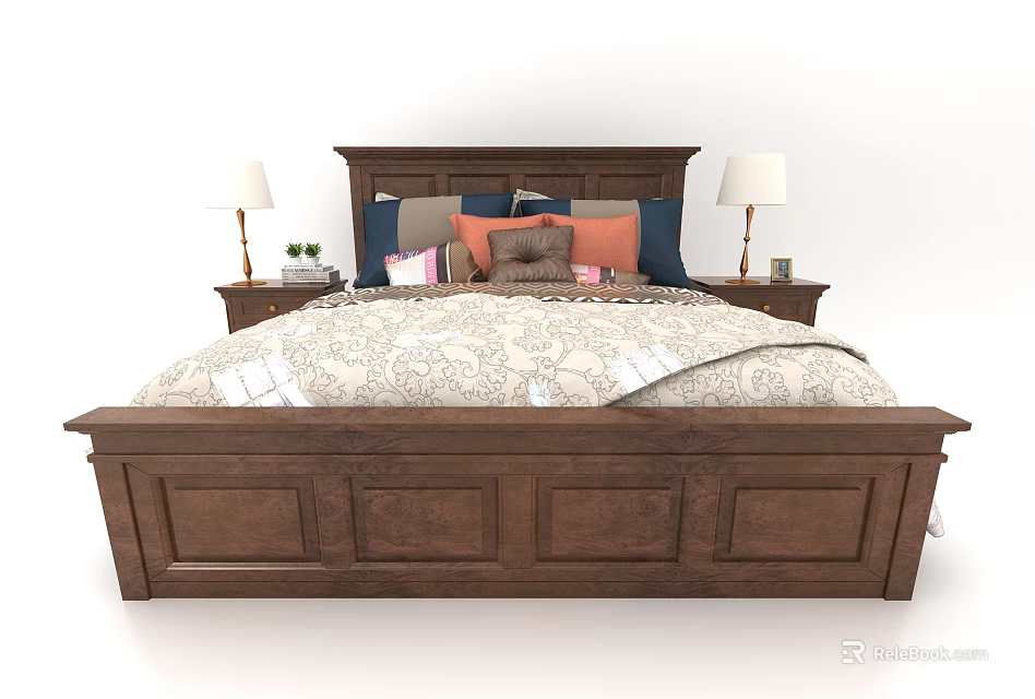 Wooden Double Bed with Colorful Pillows Patterned Quilt Nightstands Table Lamps and Small Plants 3d model 