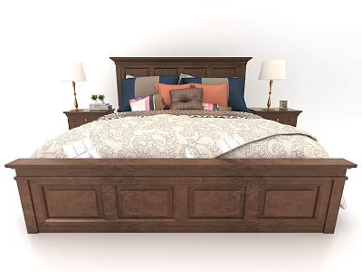Wooden Double Bed with Colorful Pillows Patterned Quilt Nightstands Table Lamps and Small Plants 3d model