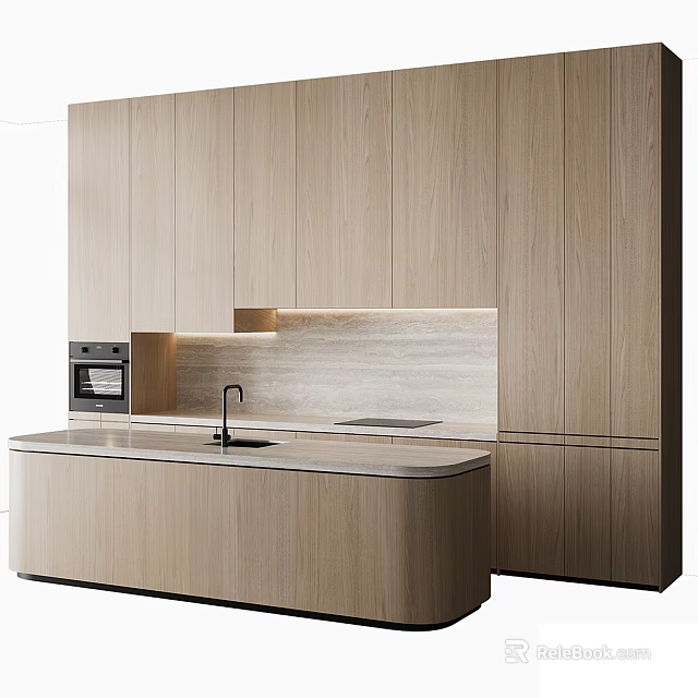 Modern Light Wood Kitchen Interior With Sleek Island Counter And Oven Cabinets 3d model 