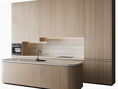 Modern Light Wood Kitchen Interior With Sleek Island Counter And Oven Cabinets 3d model