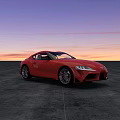 Sleek Red Sports Car Parked On Concrete Ground During Sunset Sky