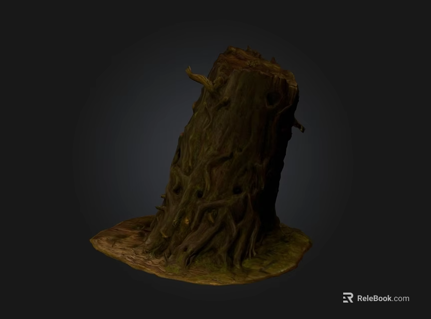Natural Wooden Stump With Stone Base And Twisted Roots On Earthy Surface 3d model 