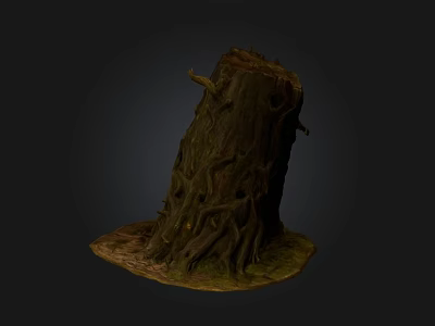 Natural Wooden Stump With Stone Base And Twisted Roots On Earthy Surface 3d model