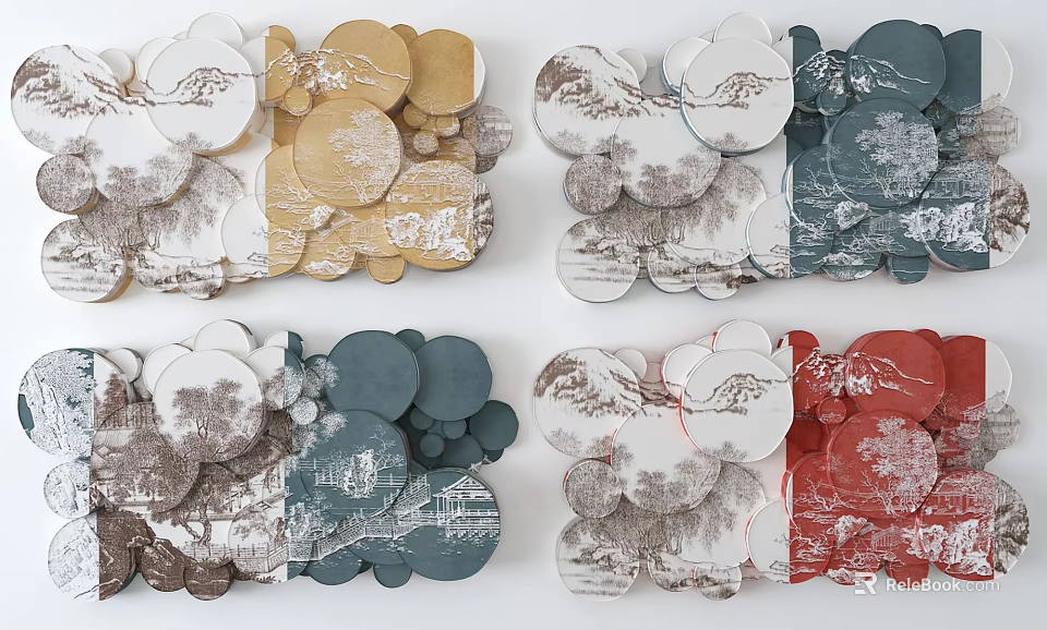 Decorative Circular Landscape Paintings Multicolor Modern Wall Art Set Design Ideas 3d model