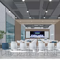 Modern Conference Room With Gray Chairs Large Screen Glass Walls Wooden Decor And Ceiling Lights