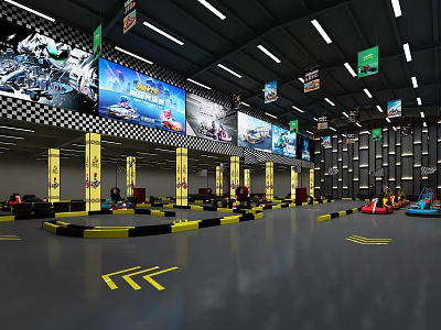 Indoor Go Kart Track With Large Racing Screens Yellow Pillars Checkered Ceiling And Floor Markings 3d model