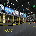 Indoor Go Kart Track With Large Racing Screens Yellow Pillars Checkered Ceiling And Floor Markings