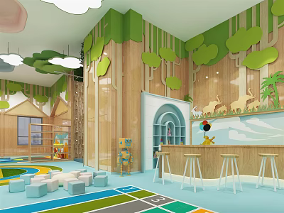 Kindergarten Play Space With Green Leaf Decor Wooden Walls Colorful Floor And Counter Stools 3d model