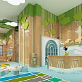 Kindergarten Play Space With Green Leaf Decor Wooden Walls Colorful Floor And Counter Stools