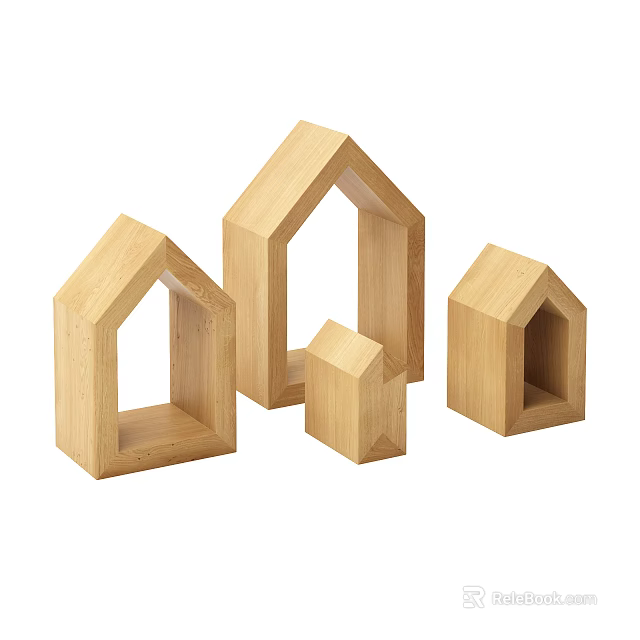 Wooden House Shaped Decorative Ornaments Set With Different Sizes For Home Decor 3d model 
