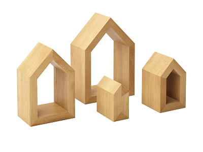 Wooden House Shaped Decorative Ornaments Set With Different Sizes For Home Decor 3d model