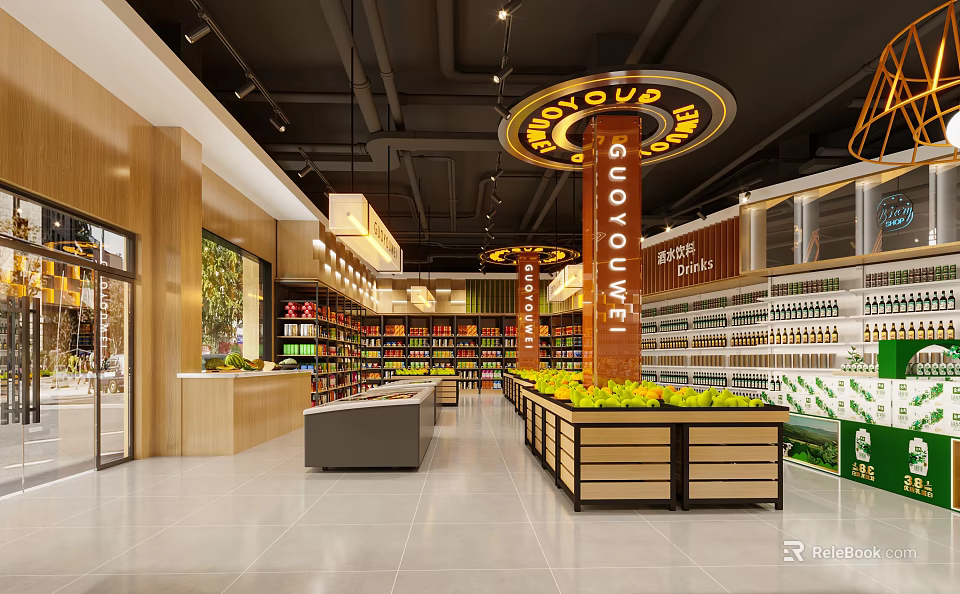 Supermarket Department Store Spacious Interior With Well Arranged Shelves Fresh Fruit Section And Bright Lighting 3d model 