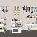 Kitchen Wall Mounted Storage Shelves Holding Microwave Utensils Jars Dishes And Rolling Cart