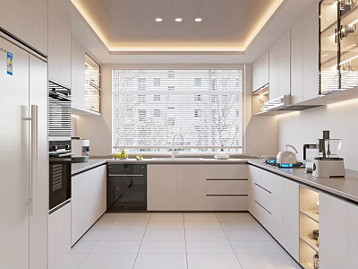 Modern Bright Kitchen Interior With White Cabinets Window Blinds Countertop And Appliances 3d model