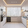 Modern Bright Kitchen Interior With White Cabinets Window Blinds Countertop And Appliances