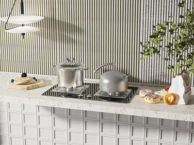 Modern Kitchen Interior With Gas Stove Pot Kettle Striped Wall Green Plant And Pastries 3d model