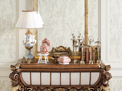 Ornate Console Table Featuring White Lamp Pink Sculpture Books Golden Decor on Floral Wallpaper 3d model