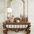 Ornate Console Table Featuring White Lamp Pink Sculpture Books Golden Decor on Floral Wallpaper