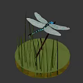 Blue and Black Dragonfly Perched on Branch with Green Reeds and Water Surface