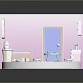 Pink Room Model Interior Scene With Bed Table Chair And Blue Door