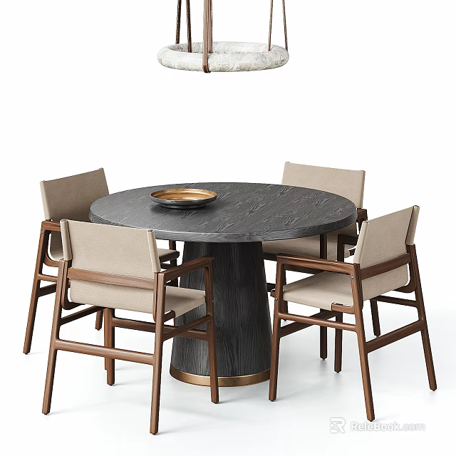 Modern Round Marble Dining Table With Wooden Chairs And Golden Bowl 3d model 