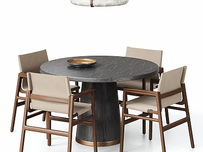 Modern Round Marble Dining Table With Wooden Chairs And Golden Bowl 3d model