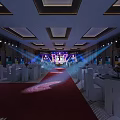 Elegant Ballroom Interior With Stage Lighting White Seats And Decorative Carpet